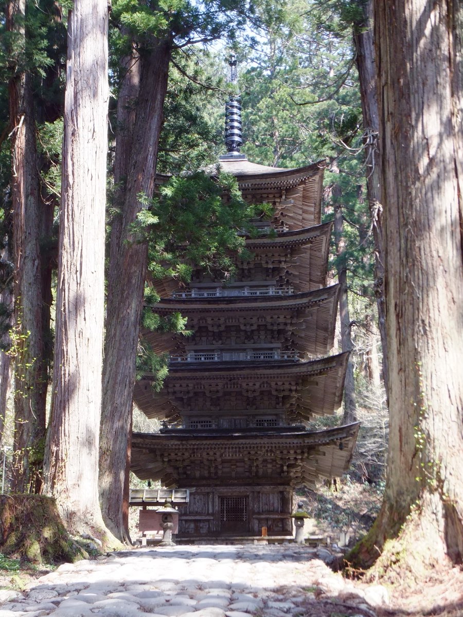 The unpainted wooden Five-Story Pagoda on Mount Haguro, seen along a stone-paved path between tall cedar trunks, photographed in 2018