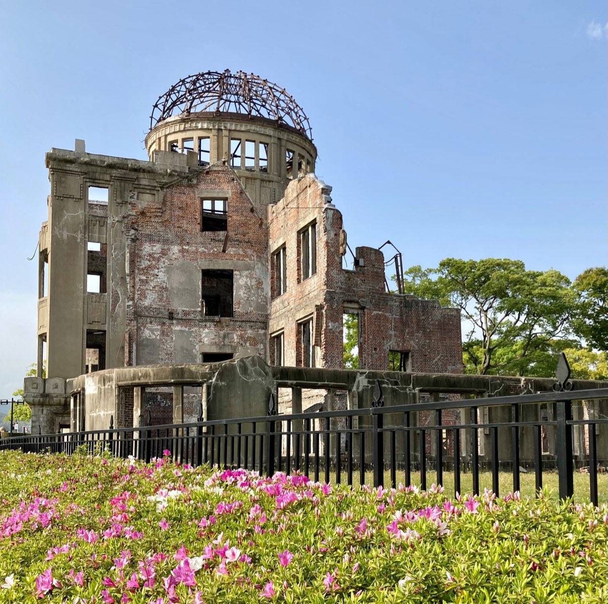 The ruined Atomic Bomb Dome in Hiroshima under a blue sky - brick and concrete walls with empty window openings and the bare steel frame of its dome - seen behind a black iron fence with pink azaleas in the foreground