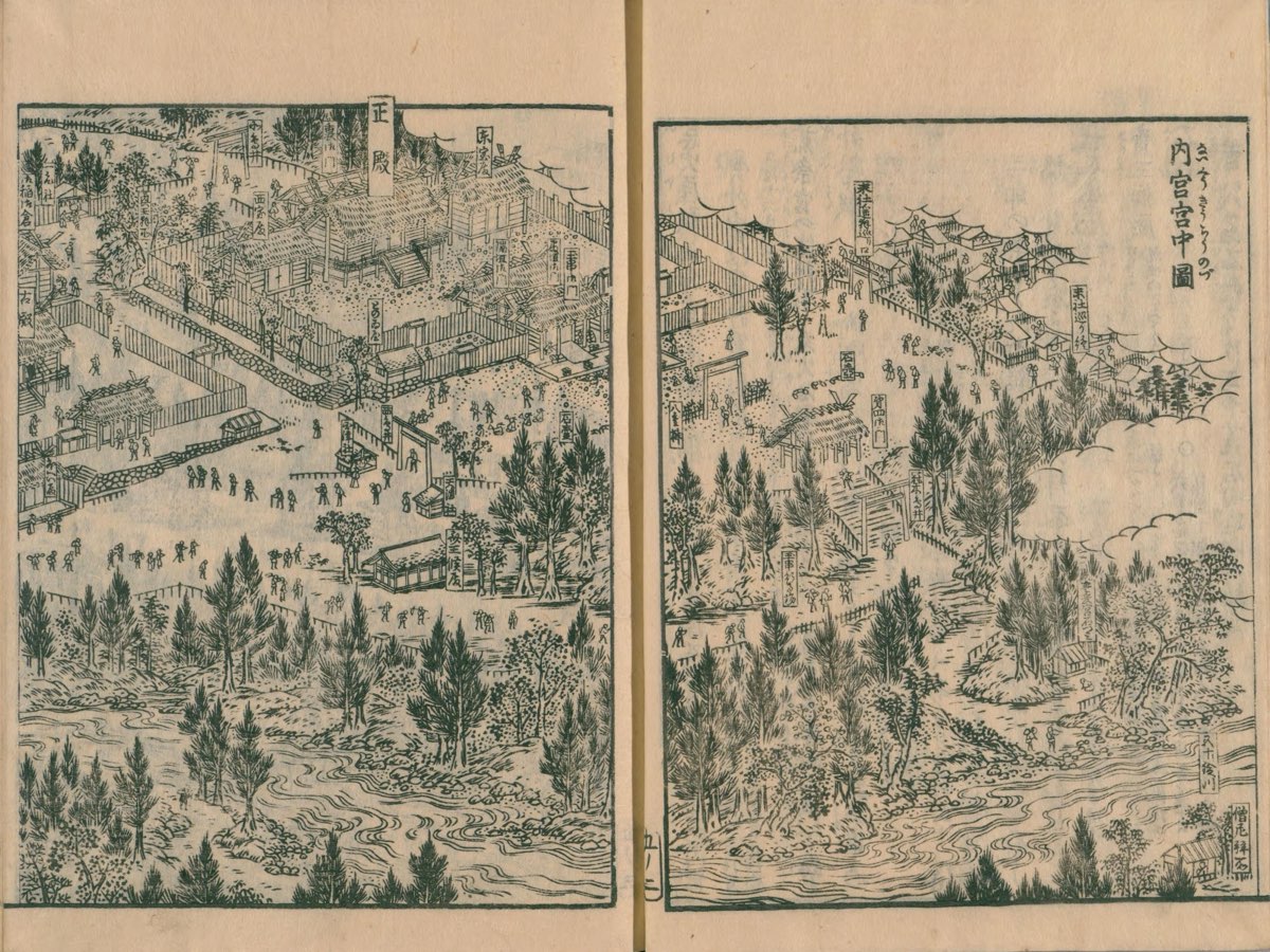 Black-and-white woodblock illustration across two facing pages of a book, seen from above. Fenced shrine compounds with roofed buildings and gates stand among tall trees, small figures of visitors walk along paths, and a river winds across the bottom; labels name the buildings, and the title at upper right reads 内宮宮中図